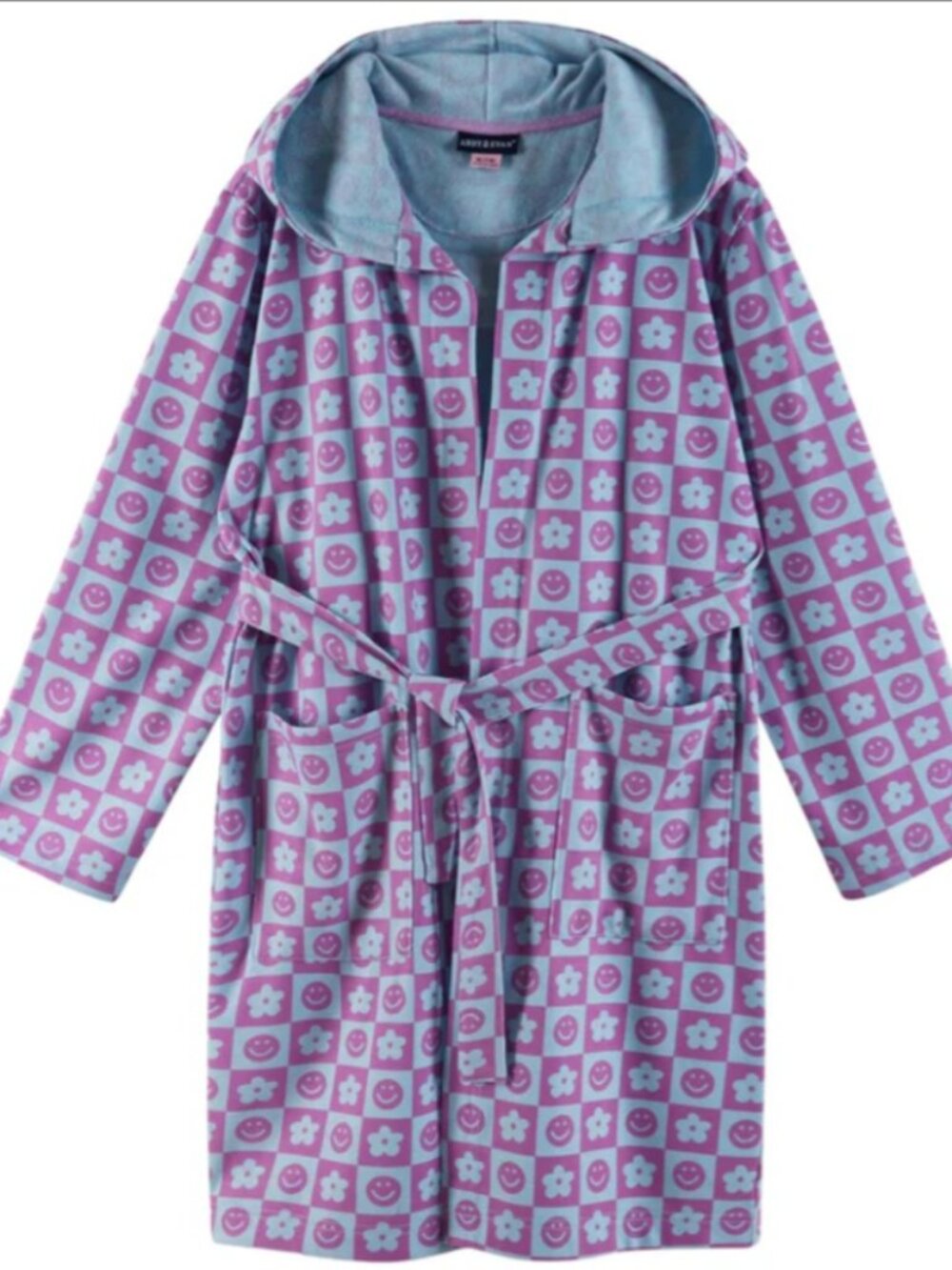 NWT Andy & Evan Girl Jersey Knit Hooded Robe- Oatmeal Heather Smiley Faces Print